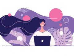 Illustration of happy woman at laptop
