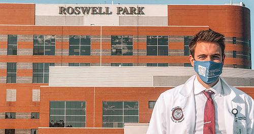 Jordan Scott in front of Roswell Park Comprehensive Cancer Center in Buffalo, NY