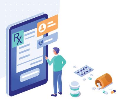 Illustration of man using tablet to access pharmacy.