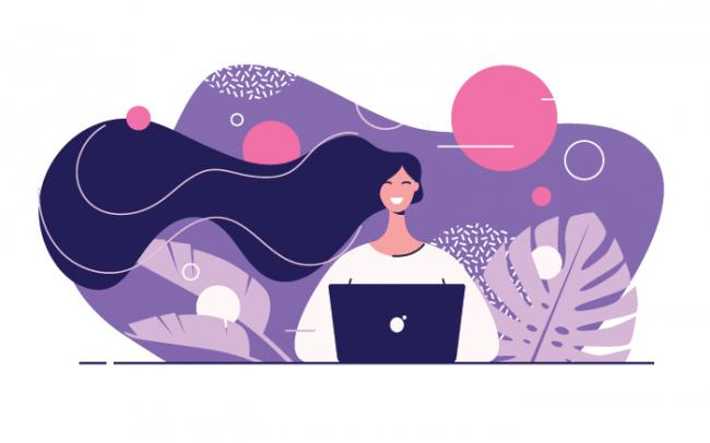 Illustration of happy woman at laptop